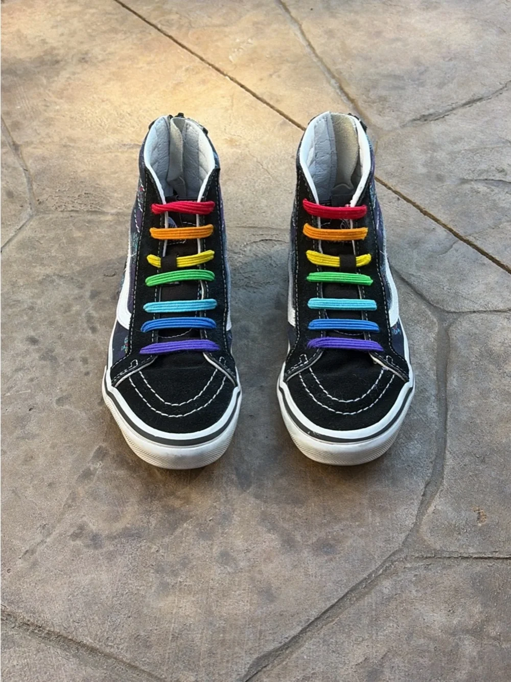 Vans Kids Black High-Top Sneakers Robot Dinosaurs with Rainbow Elastic Laces